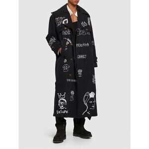 KidSuper Embroidered Cotton Tie Waist Double Breasted Trench Coat Black Medium